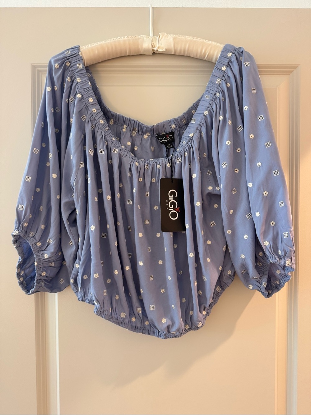 Boho Peasant Blouse Medium Blue Embroidered Off Shoulder Cottagecore Peasant - Picture 2 of 10